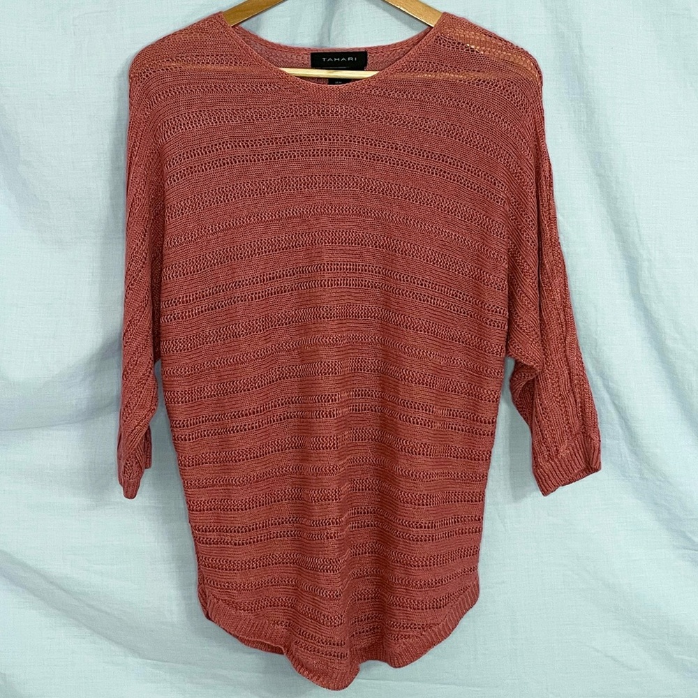 Tahari Mauve Pink with Open Knit Stripe Sweater with Dolman Sleeves in Medium